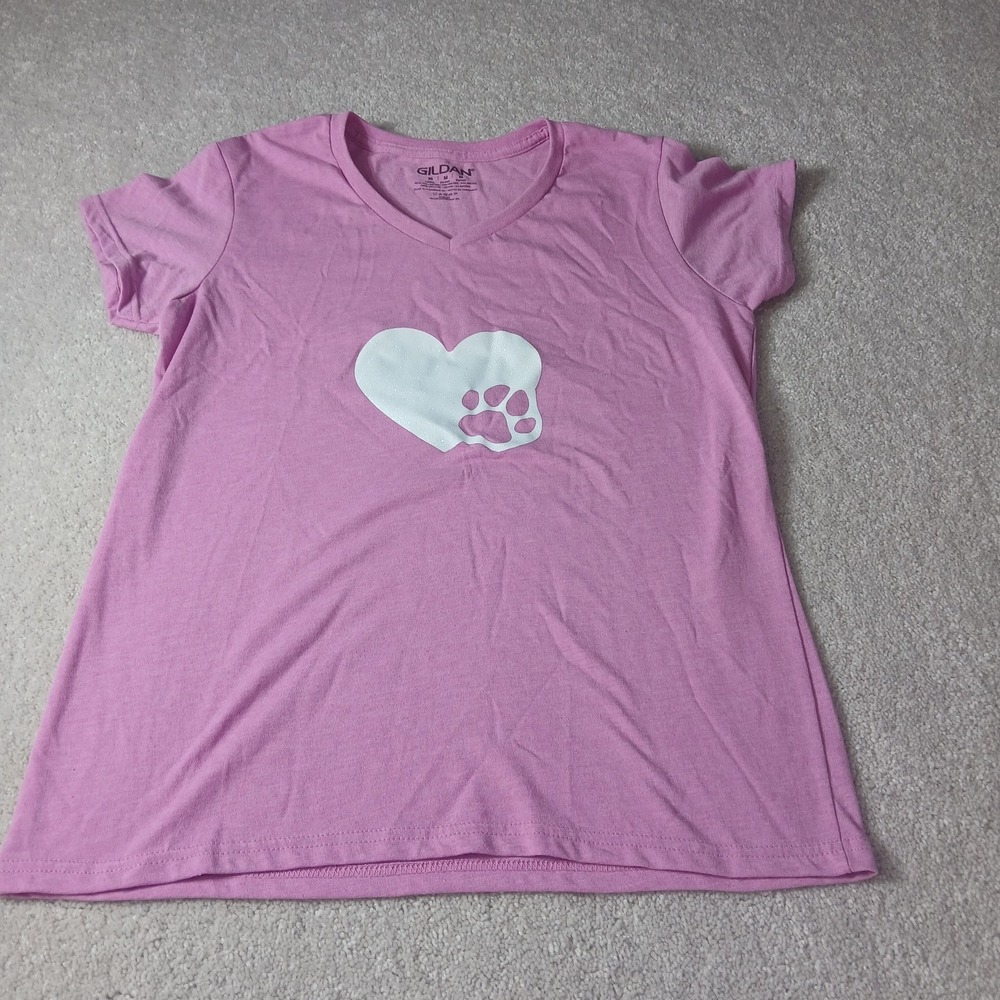 Gildan Pink Women's M Cotton Short Sleeve V-Neck T-Shirt White Sparkle Heart Paw